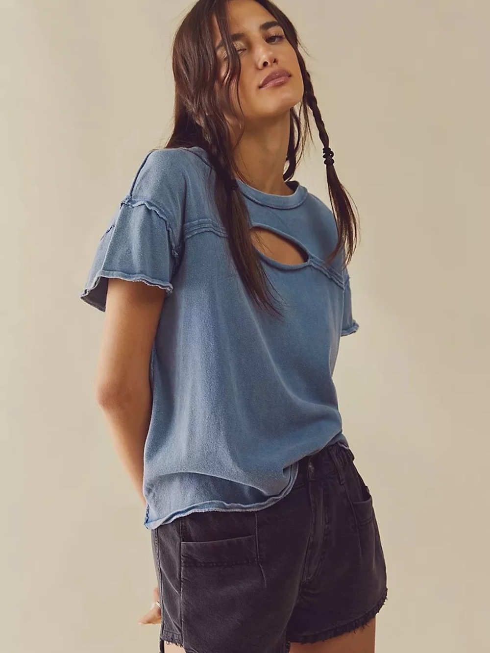 Free People Short Sleeve Tee in Dusty Blue